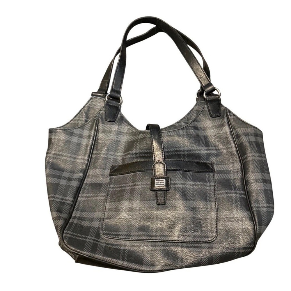 Tommy Hilfiger Plaid Hobo Shoulder Bag Black Gray Silver Buckle